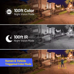 100ft color night vision vs IR vs human triggered color mode comparison