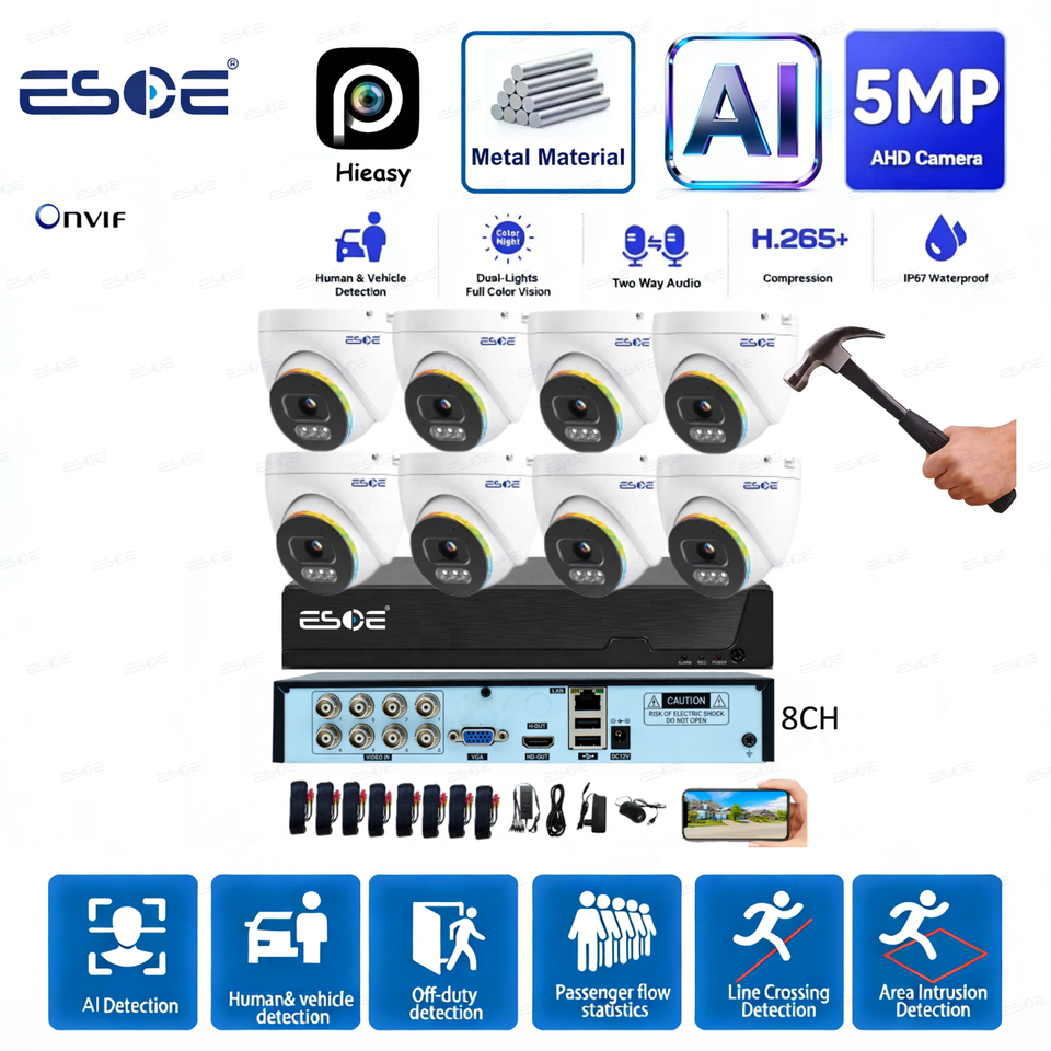 ESOE 5MP AHD turret camera security system 8CH DVR kit with vandal-proof metal cameras