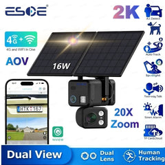 ESOE 2026 AOV dual lens 4MP solar security PTZ camera with 16W panel and 20X zoom