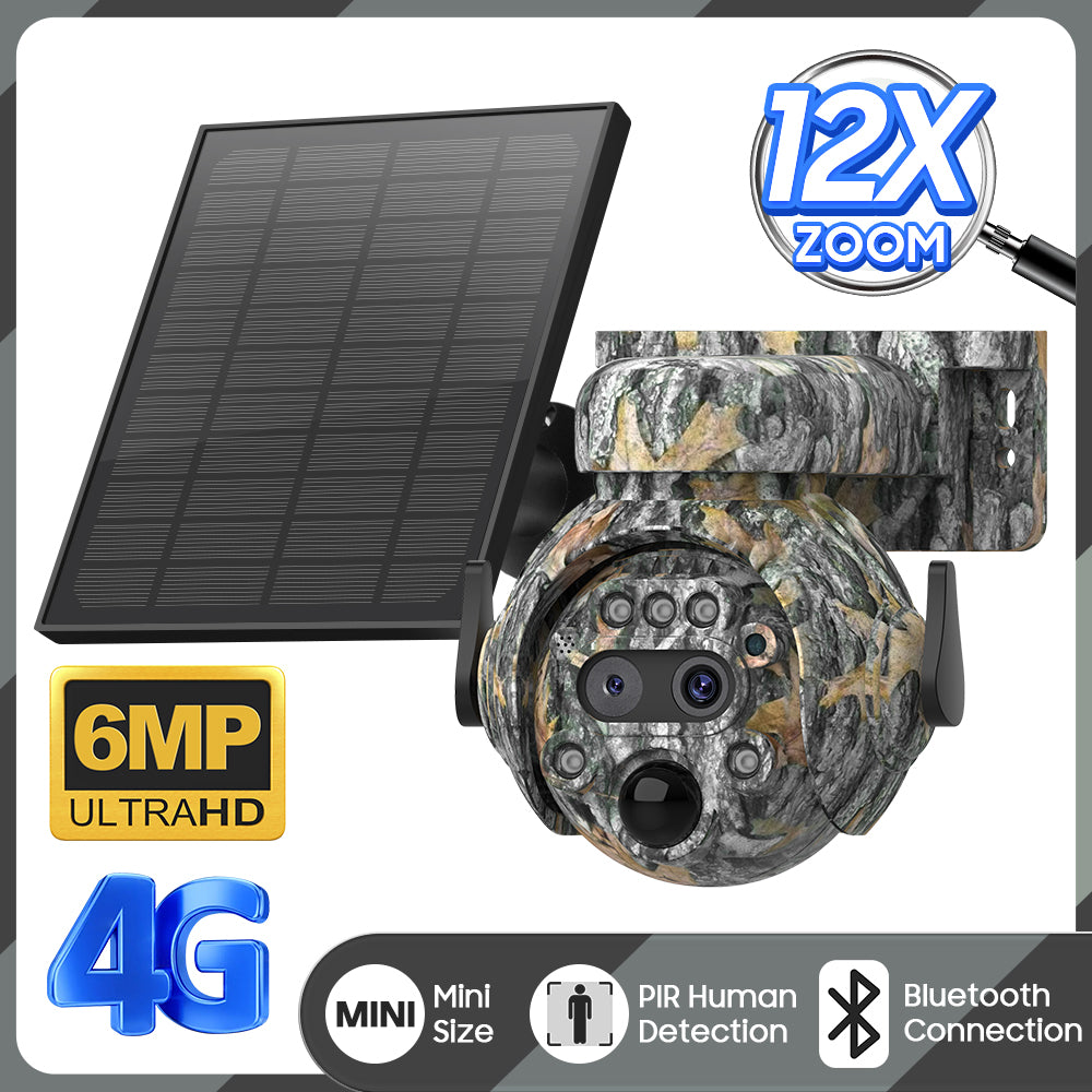 دوربین خورشیدی مینی 12X زوم ESoe با سیم‌کارت 4G، استتار برگ افرا، IP66، باتری خورشیدی، PIR، مخفی خورشیدی