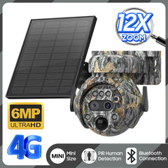دوربین خورشیدی مینی 12X زوم ESoe با سیم‌کارت 4G، استتار برگ افرا، IP66، باتری خورشیدی، PIR، مخفی خورشیدی