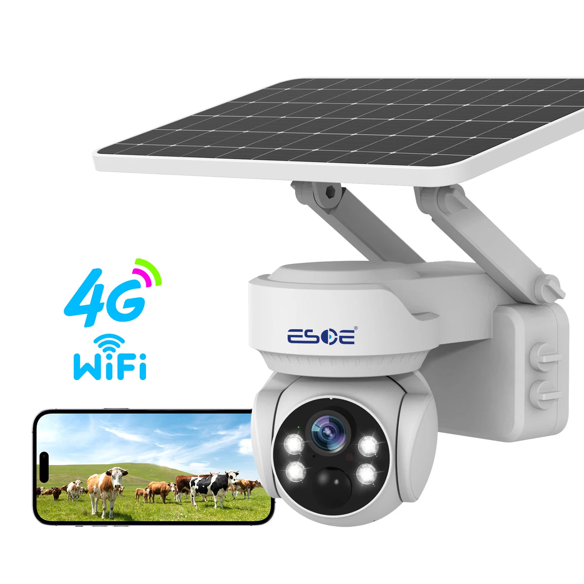 دوربین امنیتی 4G خورشیدی Esoe با وضوح 3MP و 4MP، بی‌سیم فضای باز با قابلیت چرخش و شیب (PTZ) 360 درجه، دید در شب، با سیم‌کارت و انرژی خورشیدی