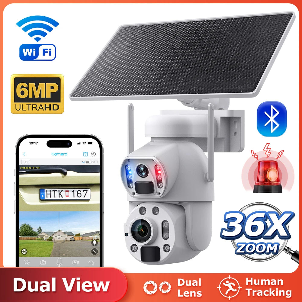 2025 New 6MP PTZ 6W 4G Solar Camera 36X Zoom Dual Lens Network Solar Battery Floodlight Camera Outdoor