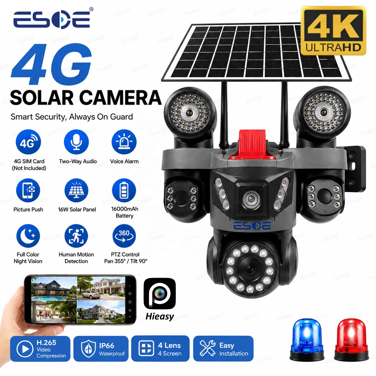 8MP Four-Lens 4G Solar Powered Security Camera with 16W Solar Panel and 16000mAh Battery