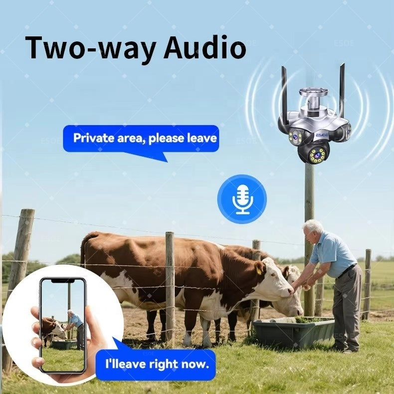 Two-way audio communication through security camera on farm