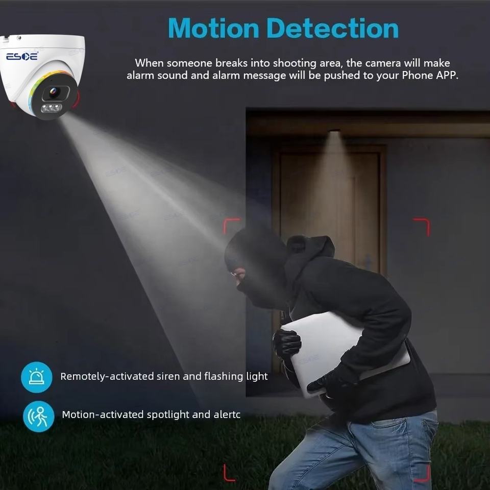 Motion detection with remotely-activated siren and flashing spotlight deterrence