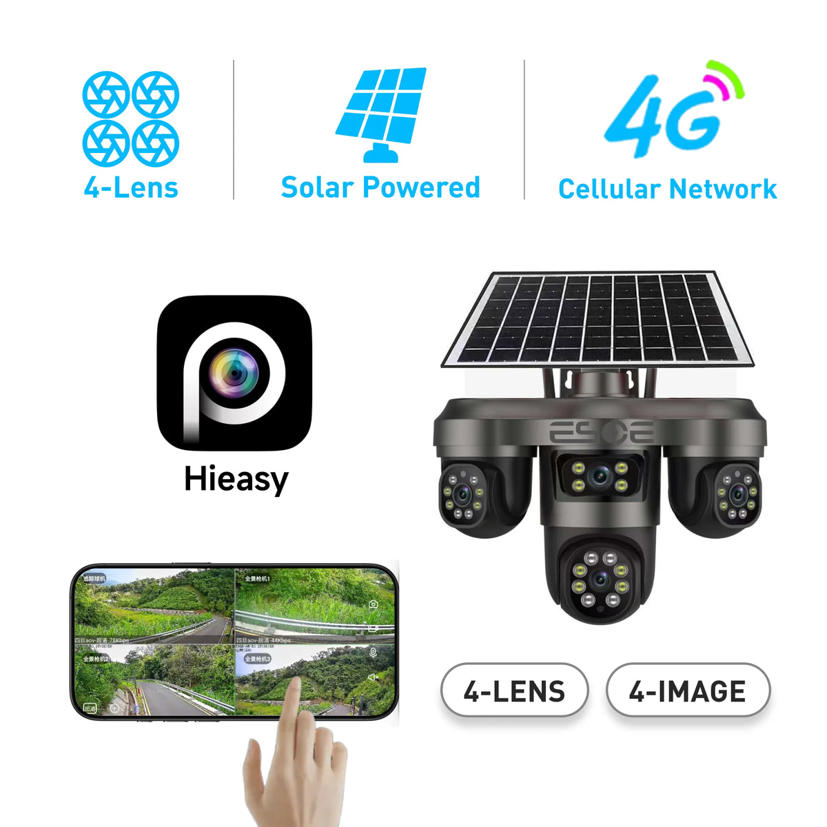 8MP Four-Lens 24/7 AOV Solar Security Camera | 4G LTE SIM, 24H Continuous Recording, 4 Screens View & AI Tracking