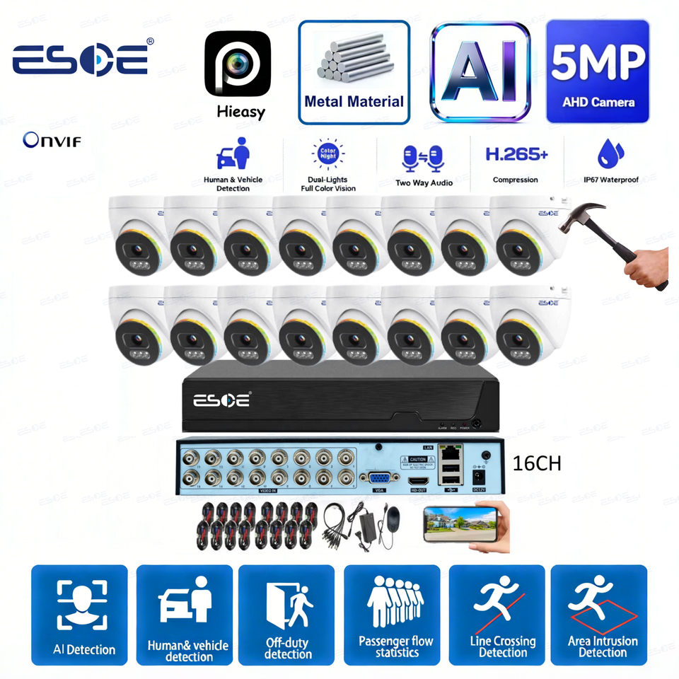 ESOE 5MP AHD dome camera security system 16CH DVR complete kit with metal cameras