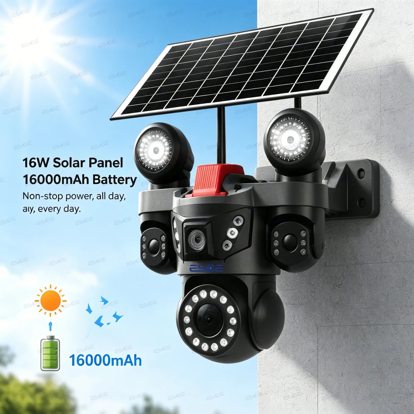 16W solar panel and 16000mAh high capacity battery for non-stop power