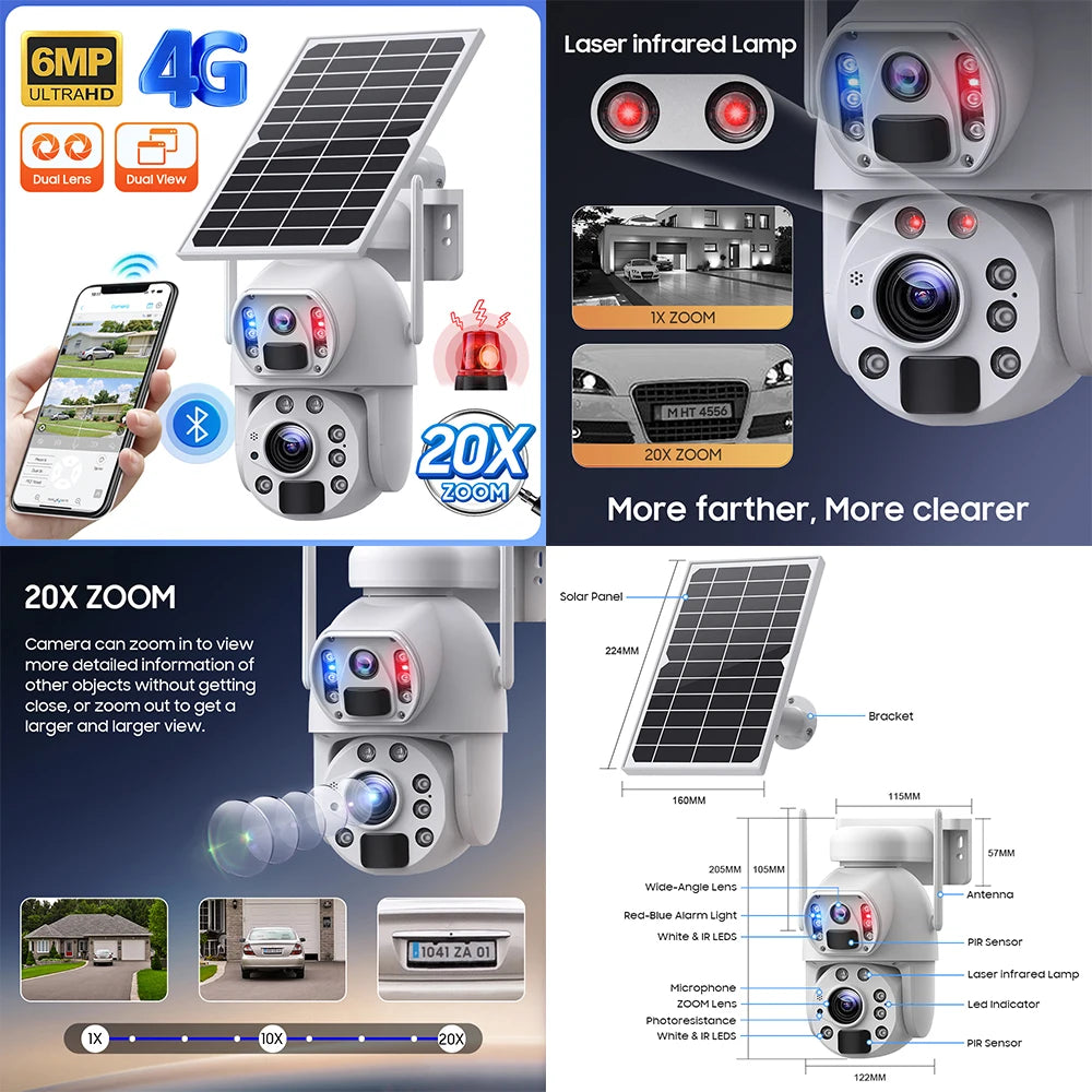 ESOE New 20X Zoom 4G Camera IP66 Metal 10W Solar Panel 4G 6MP 20000mAh Dual Lens Laser Infrared Lamp 4G Solar Outdoor Camera