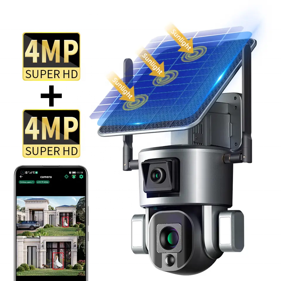دوربین مداربسته چرخشی خورشیدی 4G با دو لنز، 8 مگاپیکسل، ردیاب خودکار انسان، امنیتی IP بی‌سیم، زوم 4X 10X، 4G و WiFi، 4K 4 مگاپیکسل