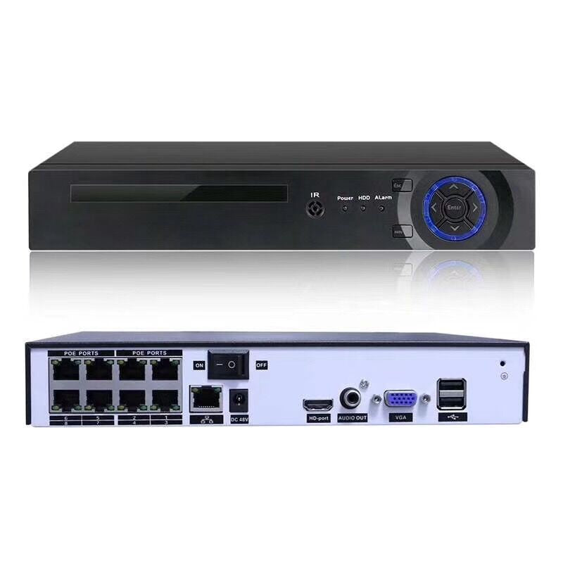 NVR front and rear panel with PoE ports HDMI VGA