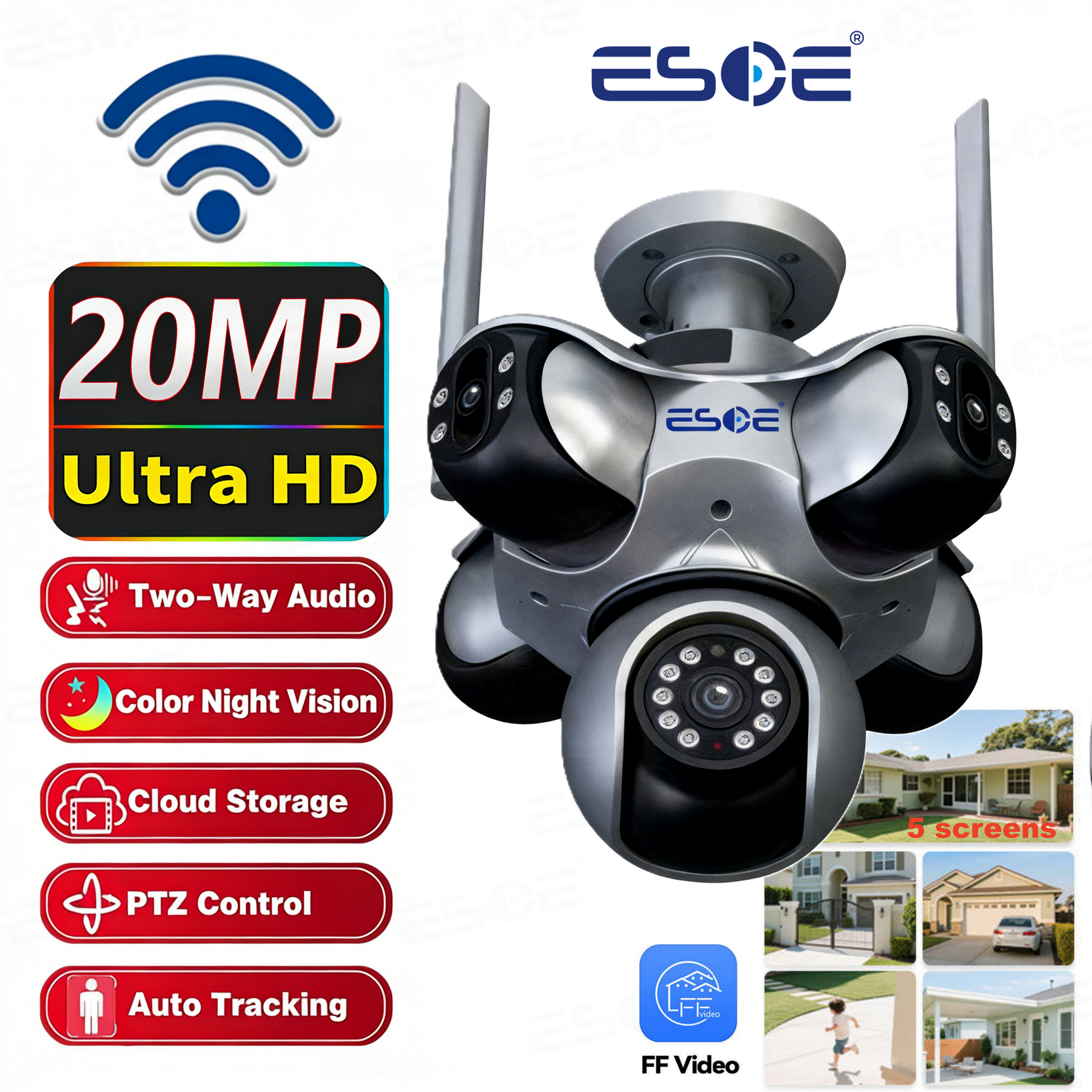 ESOE 20MP five-lens 720 degree PTZ WiFi security camera with 5 screens and auto tracking
