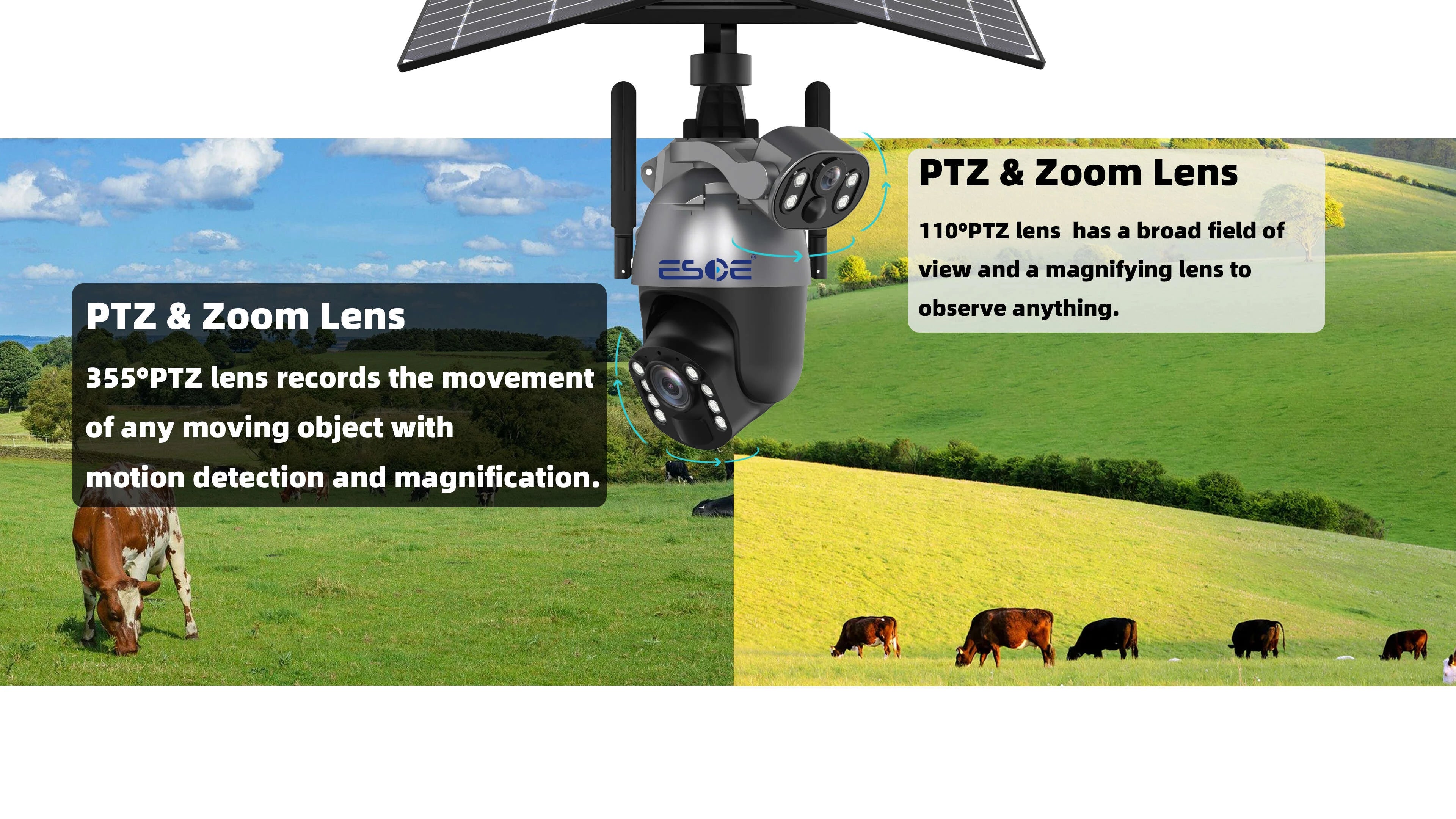 ESOE Ubox 4G WIFI 50X Optical Zoom Dual Lens Solar Powered IP Camera Wireless Camera with 10X Zoom Outdoor Solar Camera for Farm