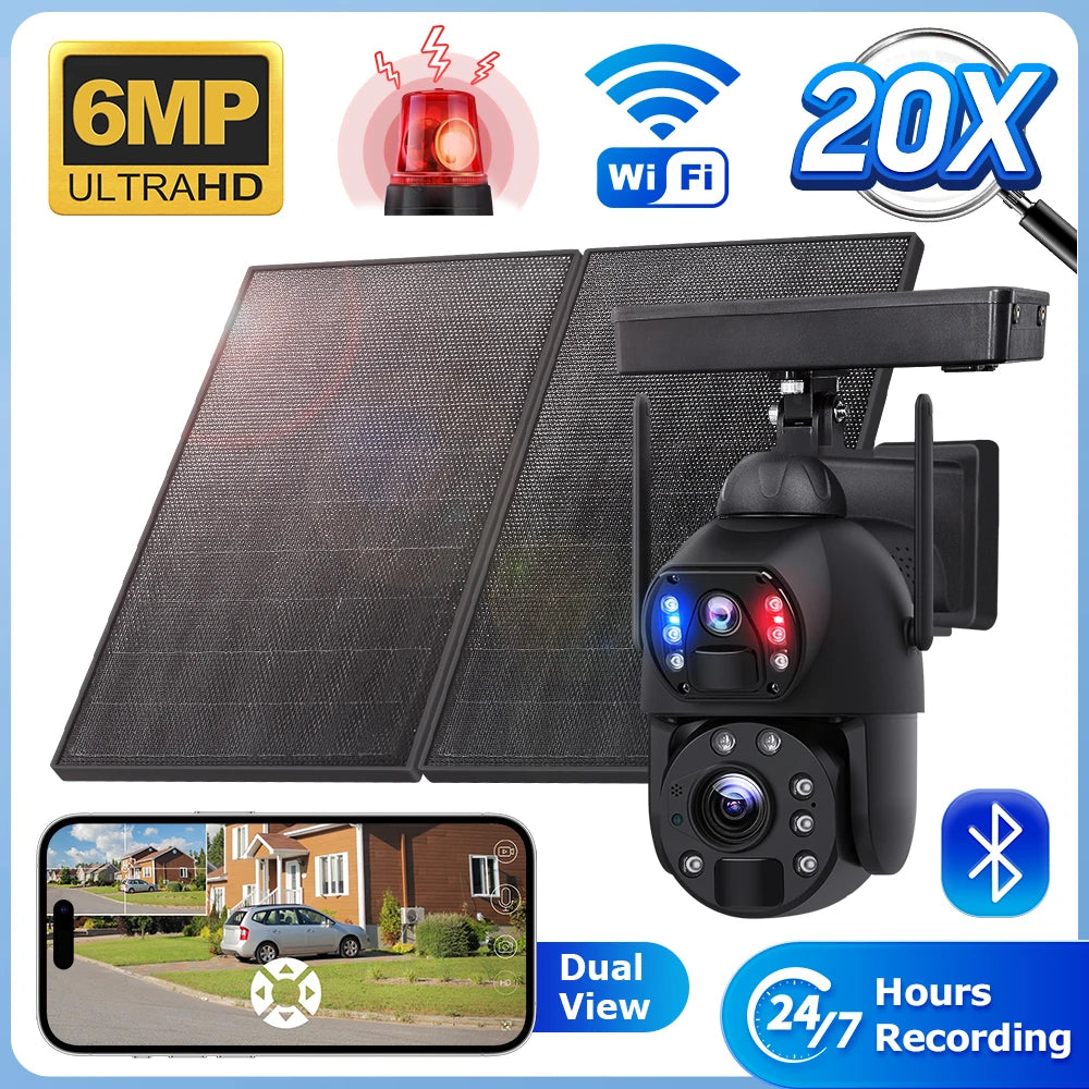 Camera Solar Led 20W Solar Panel 20X Zoom Dual Lens HD 6MP 4G Solar Camera 3K Outdoor ...