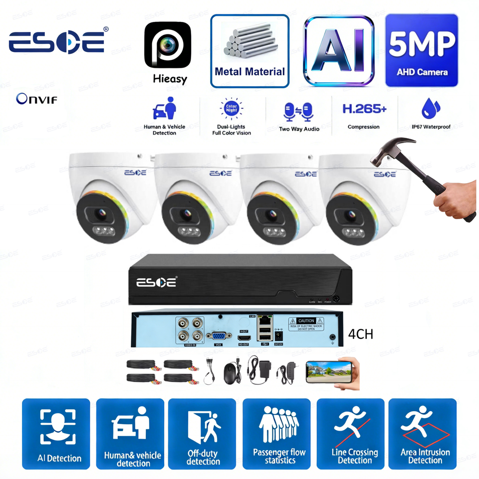 ESOE 5MP AHD eyeball camera security system 4CH DVR kit with metal cameras and active deterrence
