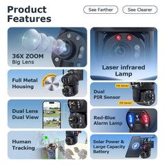 36X Zoom 6MP Dual Optical Zoom PTZ Camera 4G GSM Metal Outdoor Solar Camera Wide Dual Pir Security 36X Optical PTZ Camera