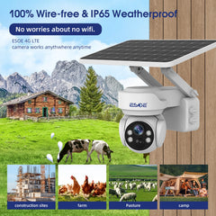 دوربین امنیتی 4G خورشیدی Esoe با وضوح 3MP و 4MP، بی‌سیم فضای باز با قابلیت چرخش و شیب (PTZ) 360 درجه، دید در شب، با سیم‌کارت و انرژی خورشیدی