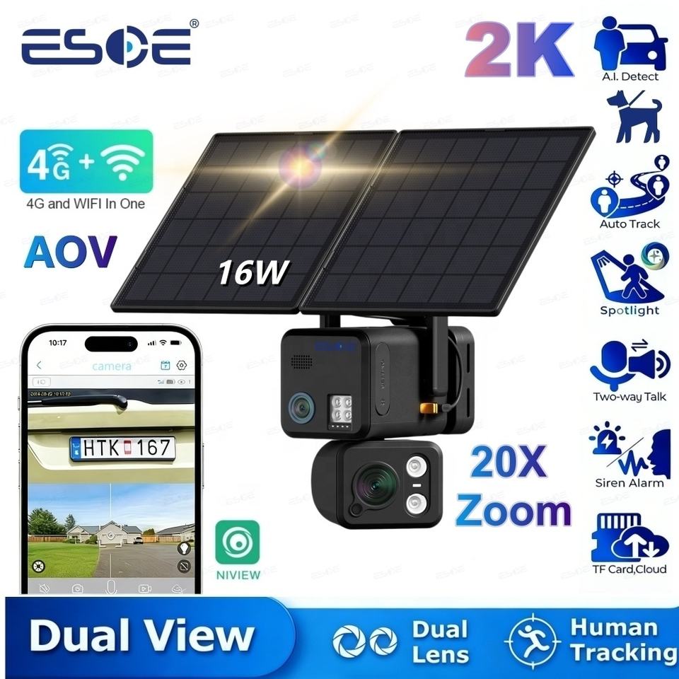 ESOE 2026 AOV dual lens 4MP solar security PTZ camera with 16W panel and 20X zoom